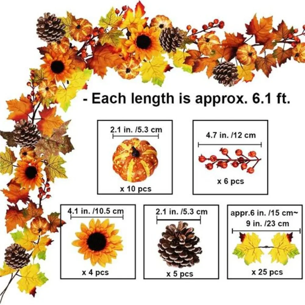 Fake Fall Maple Leaf Garland Hanging Vine- 6 Feet - Artificial Berries Sunflower